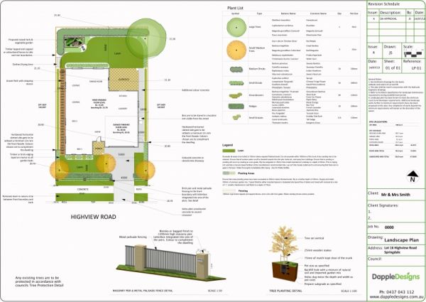 Most council areas will require a Landscape Plan to accompany you DA (Development Application) for a new house. Below is basic landscape design that has all the necessary information that is required for a council submission for a new home. 